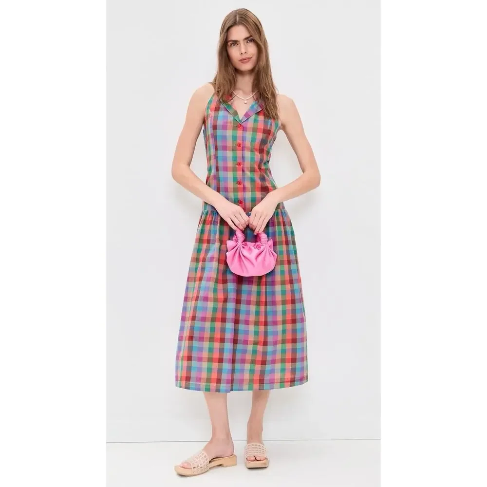 NWT Lisa Says Gah Vaughn Midi Dress Colorburst Plaid Halter Smocked Back L - Picture 4 of 11
